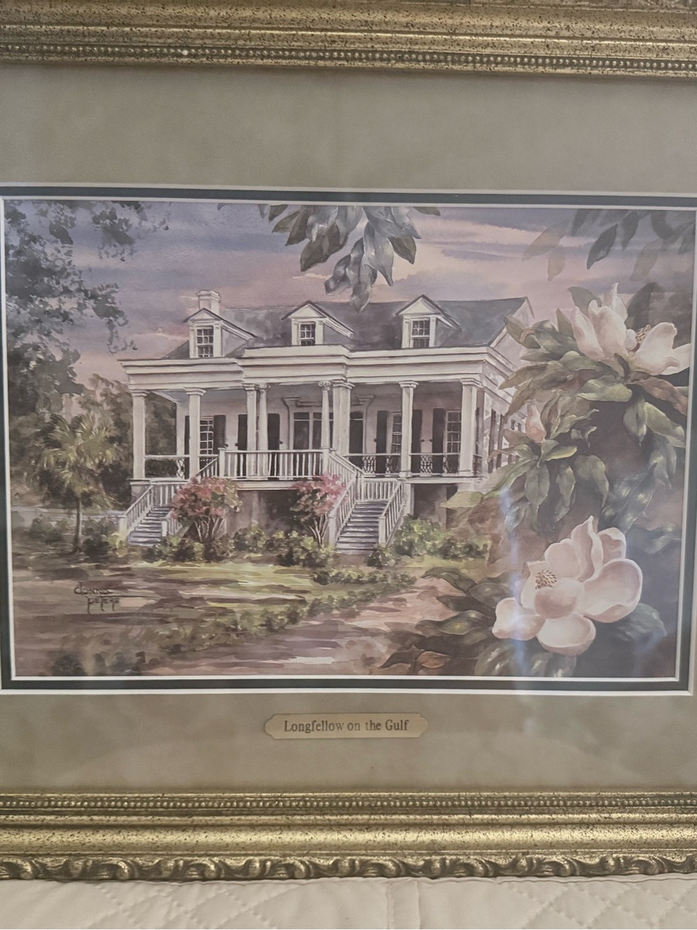 Longfellow on the Gulf Framed Floral Mansion Art - Cream, Green, Pink